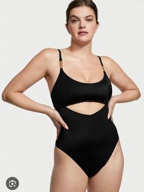 Victoria's Secret Women's Small Black One Piece Swimsuit Padded Top Gold Trim